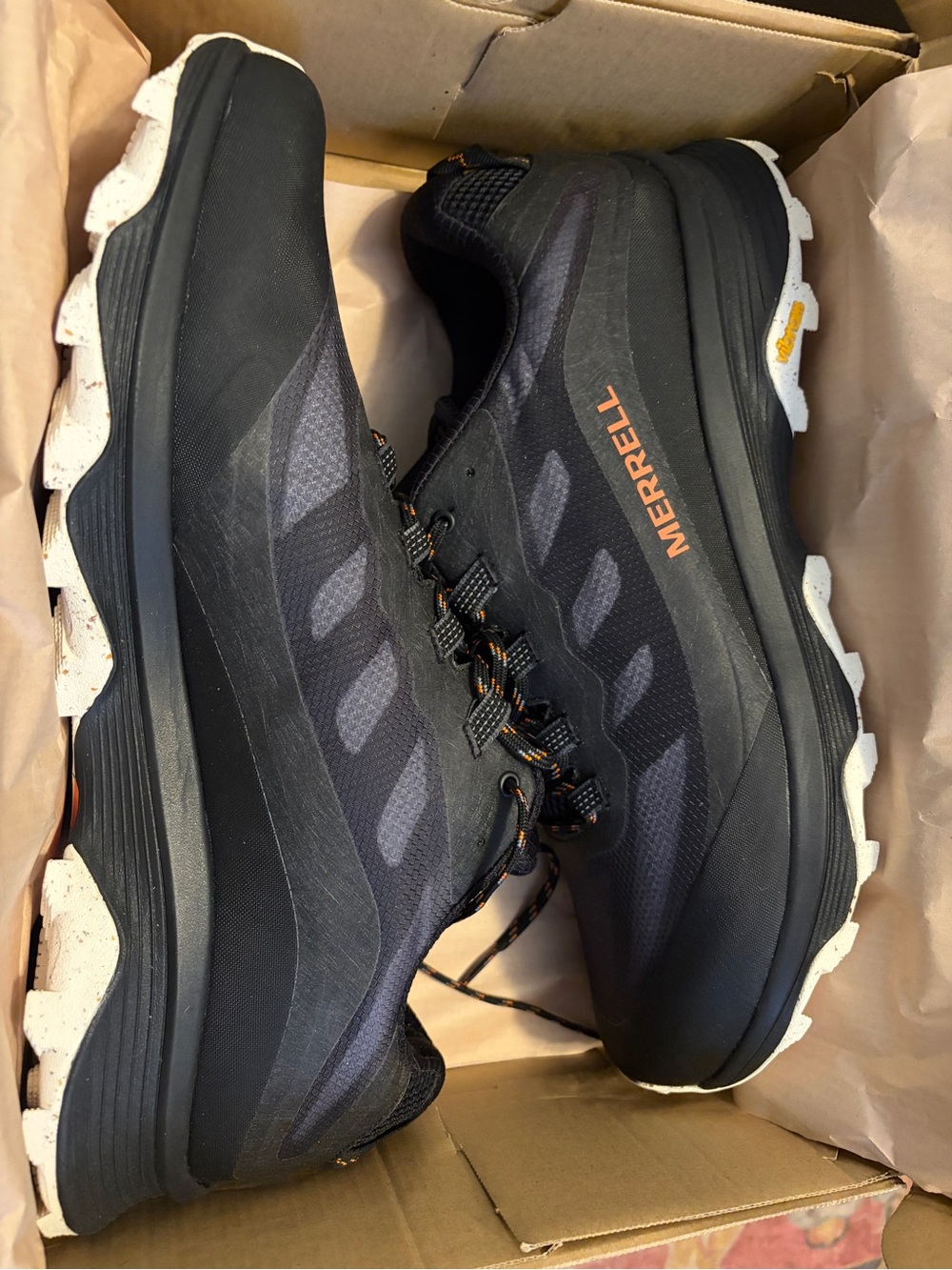 Merrell Men's Black Athletic Trail Shoes with Orange Accents - size 15
